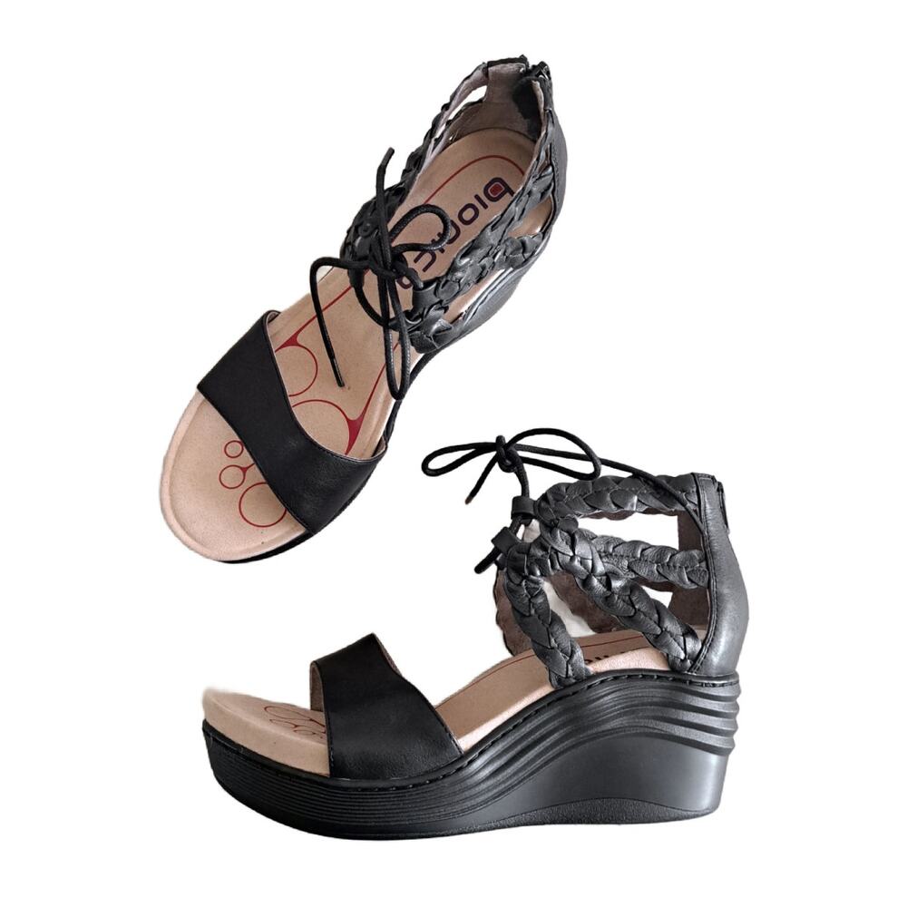 BIONICA Sunset Black Leather Wedge Sandal Size 9.5 Comfort Laced Strappy